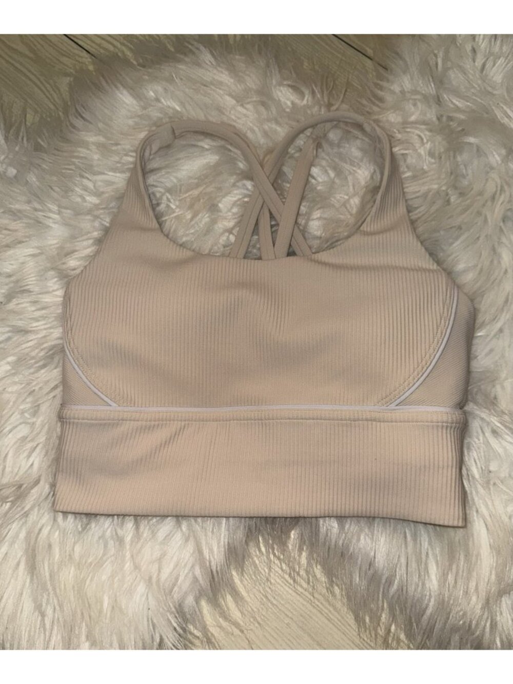 Lululemon Energy Longline Ribbed Sports Bra Strappy Back WF Womens 4 Light Beige - Picture 2 of 6